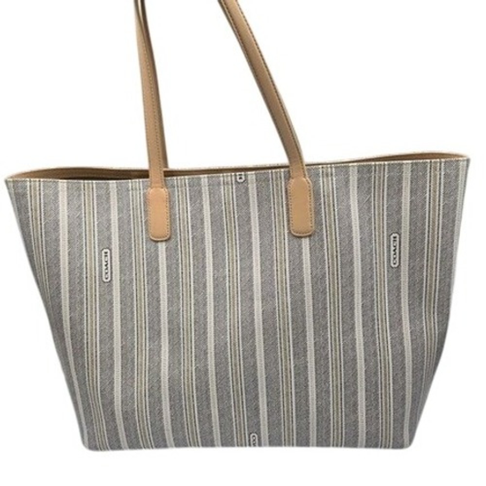 Coach Boston Striped Tote Bag Purse‎ Handbag Beige Brown Logo